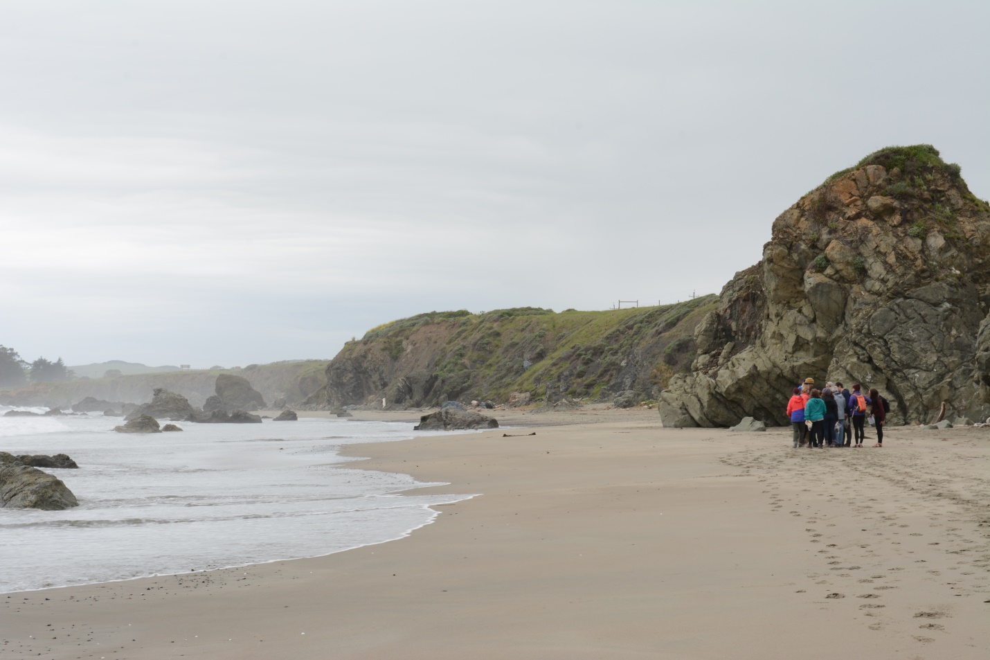 Students on a California beach by a rocky seaside cliff