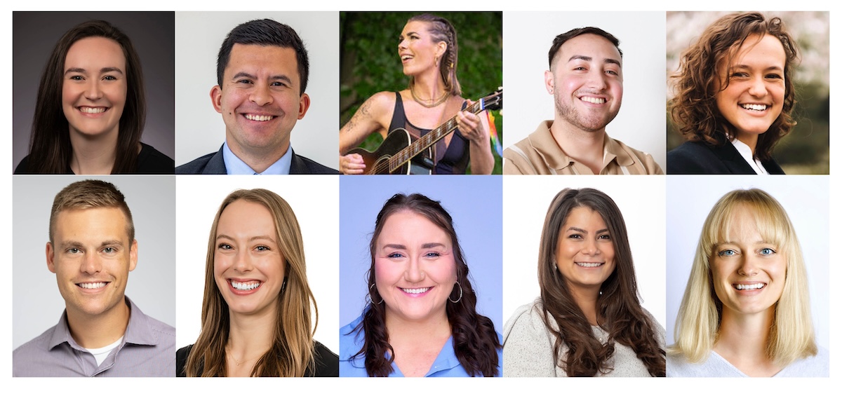 Photos of 2024 10 Under 10 Alumni Award Recipients smiling, one is holding a guitar.