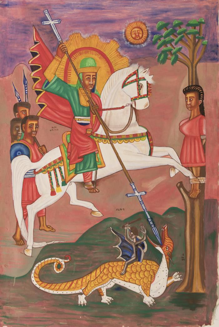 A black st. george slaying a dragon