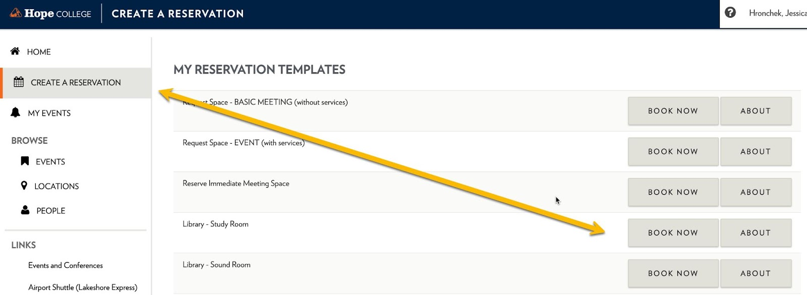 Screenshot showing how to create a reservation in EMS