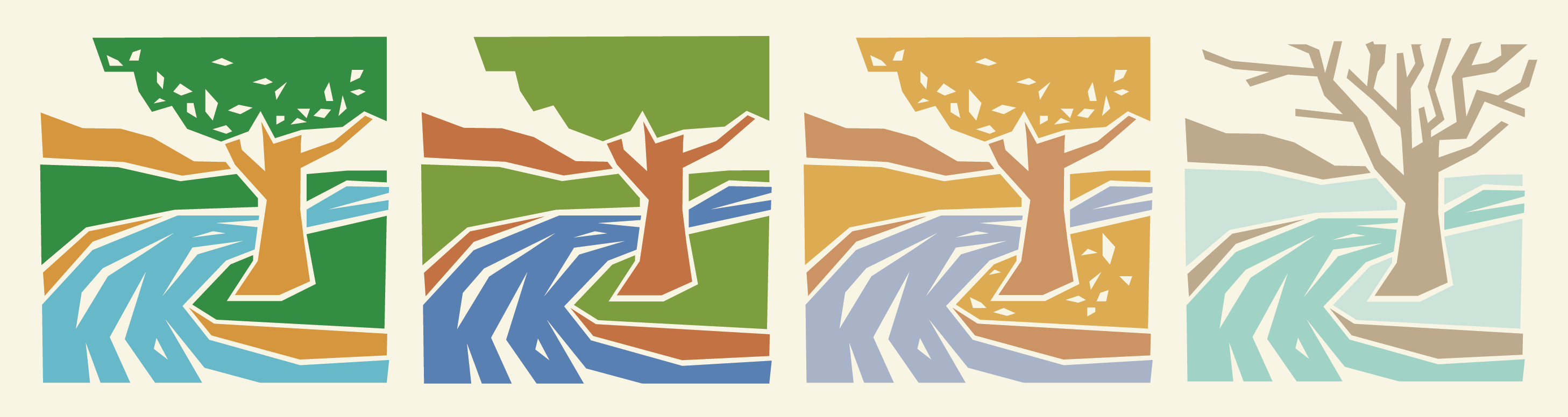 Four woodcut-style graphics of a tree beside a river with different colors for each of the four seasons