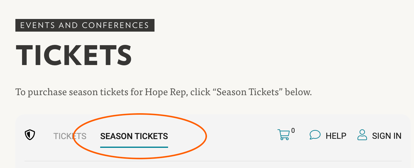 Screenshot illustration of Season Tickets menu option on the ticket page