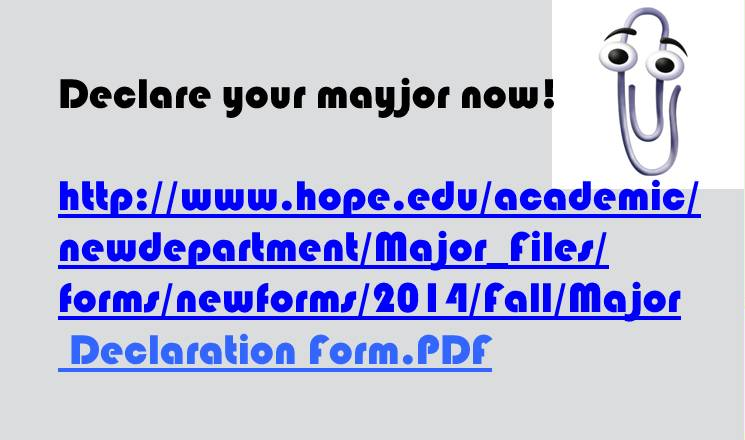 Example image of an announcement slide with everyone's favorite digital assistant Clippy, a typo, and a very long URL