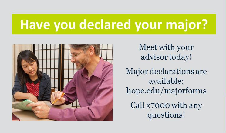 Example image of an announcement slide about where to go to declare a major, with a photo of a professor and student