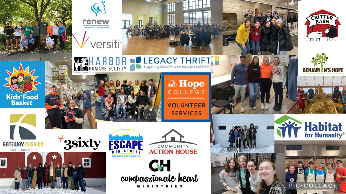 Volunteer services collage with small photos of students and logos of organizations